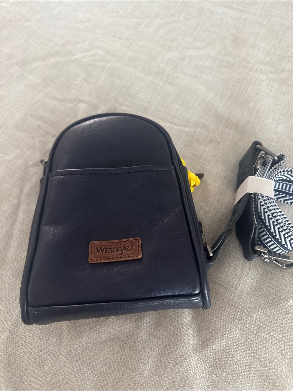 Wrangler Navy Crossbody with Brown Logo Patch and Patterned Strap